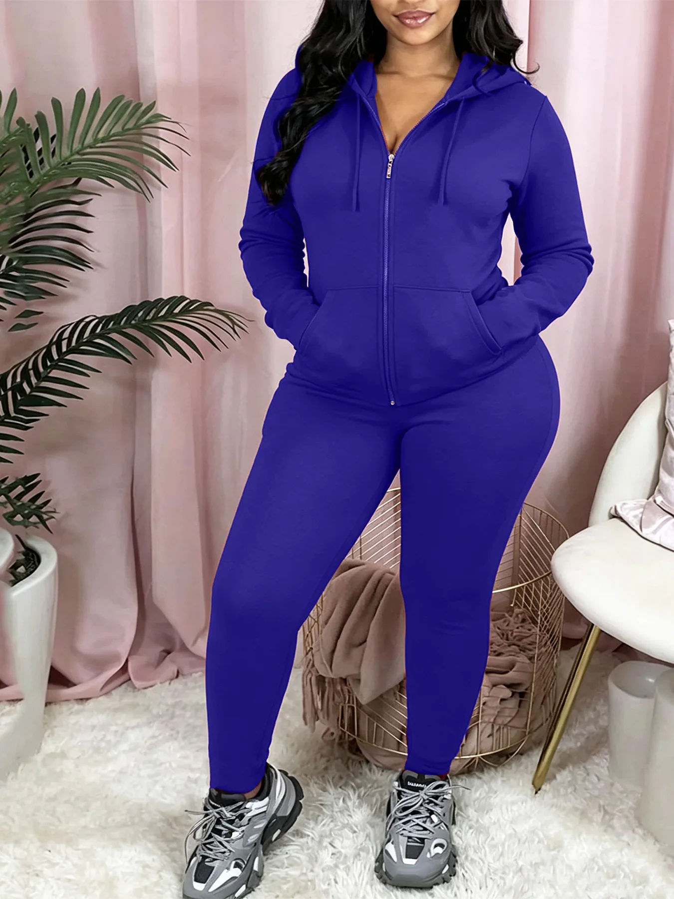 Modern Tailored Solid Color Curvy Streetwear Outfit, Zip Hoodie Tracksuit With Joggers, Comfortable Casual Athleisure, Versatile All Seasons Oversized Matching Set For Yoga Daily Party