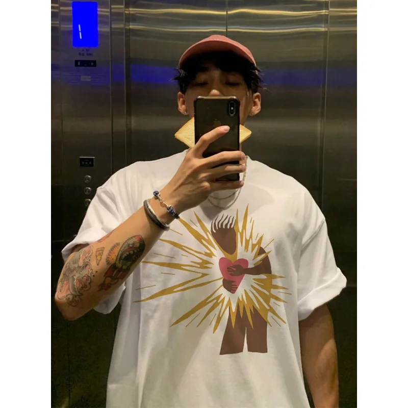 

American Trendy Brand Hot Heart Printed Short Sleeved Men's Summer High Street Retro Loose Heavyweight Cotton Casual T-shirt