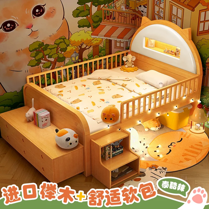 Beech solid wood bed boys and girls half-height bed 1.2 meters 1.5 multi-function guardrail soft bag