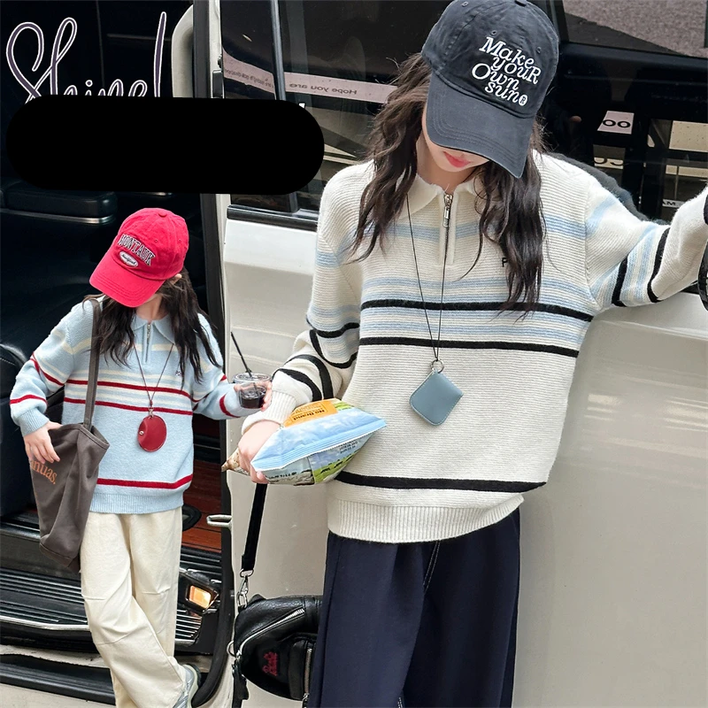 

Fashion Children Turn Down Collar Half Zipper Sweater for Teen Girls Casual Striped Knitwear Kids Luxury Autumn Knitted Clothing