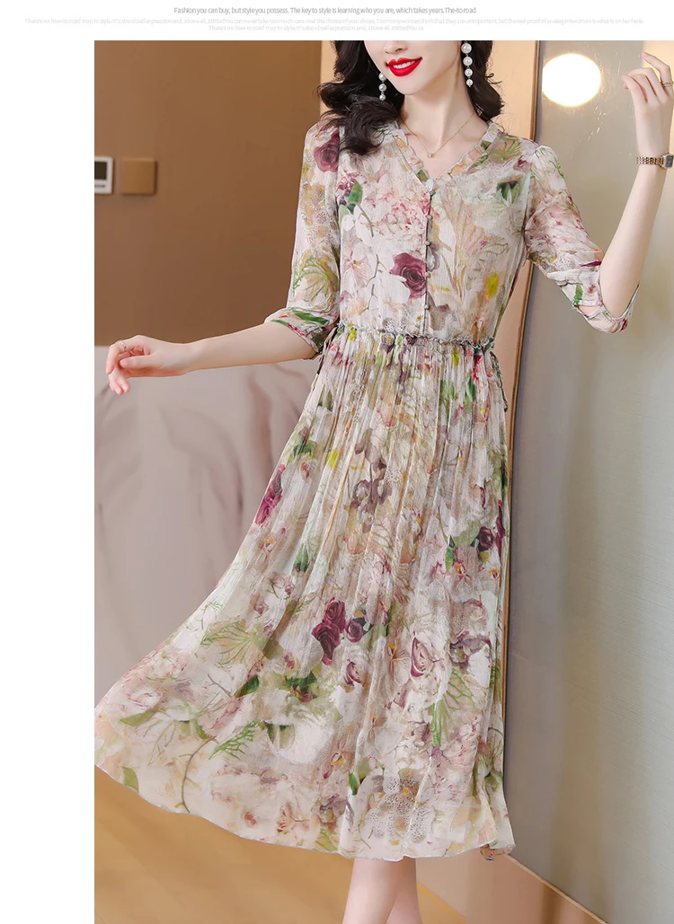 New Fashion Casual Beach Long Dress Summer Floral Silk Ruffled V-Neck Dress Women Korean Elegant Luxury Chic Festival Dress