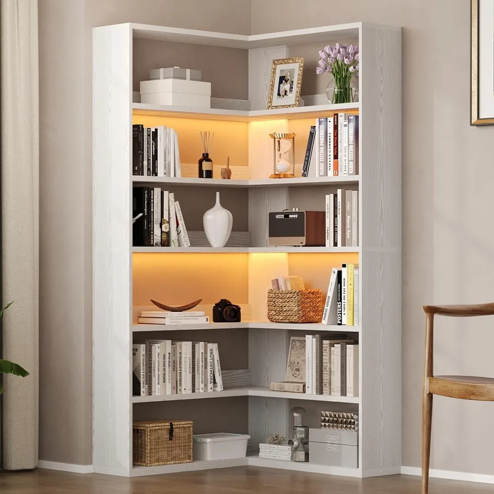 

Corner Book Shelf with LED Lights, 71” Corner Bookshelf for Living Room, Study Room, Wooden Storage Display Industrial