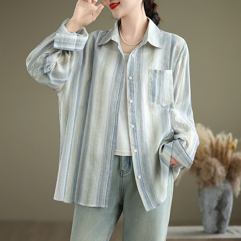 

Модный полосатый длинный женский повседневный свободный кардиган в полоску с открытым верхом из смеси хлопка, осенняя одежда