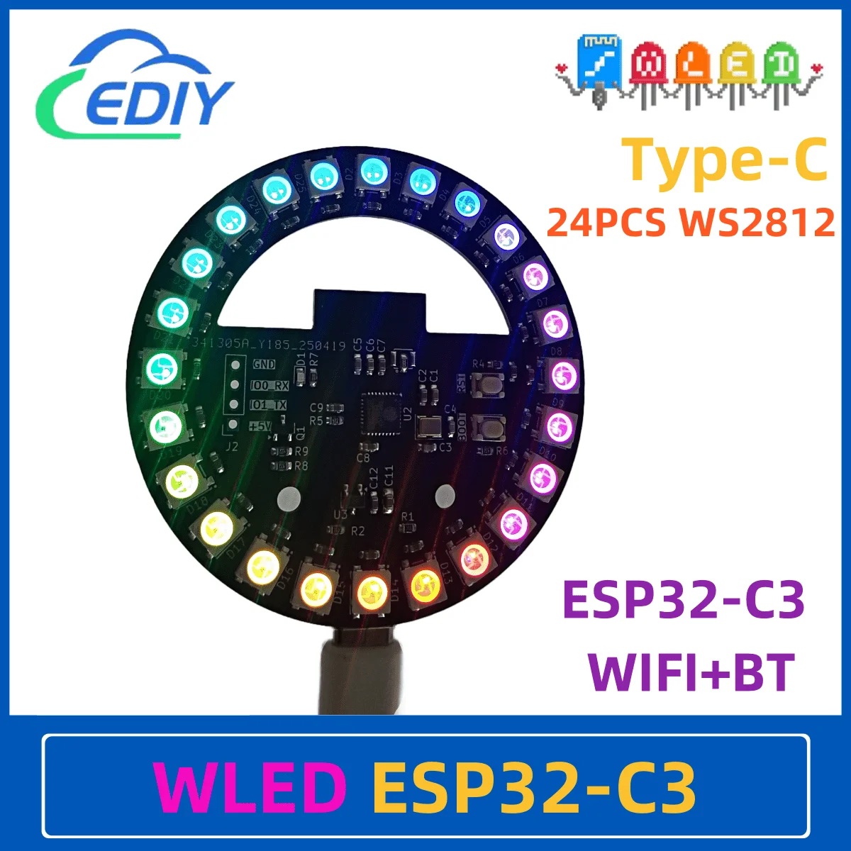 WLED ESP32-C3 Development Board Circular Colorful Light WS2812B Circular Atmosphere Light Case Esports Colorful Light