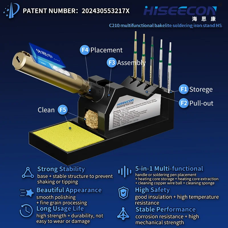 HISEECON H5 Multifunctional Bakelite Soldering Iron Holder, 5-Hole Heatproof Insulated Stand Rack for Station Accessories & Work
