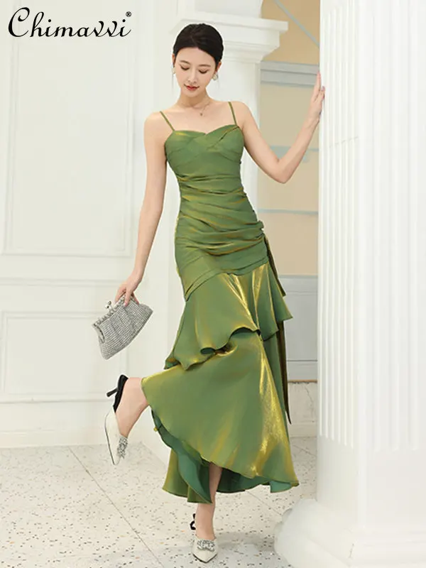 فساتين بحمالات خضراء بدون أكمام لصيف 2025 فستان سهرة طويل فرنسي أنيق فاخر وكشكش مقسم بذيل السمكة النحيف للنساء #2