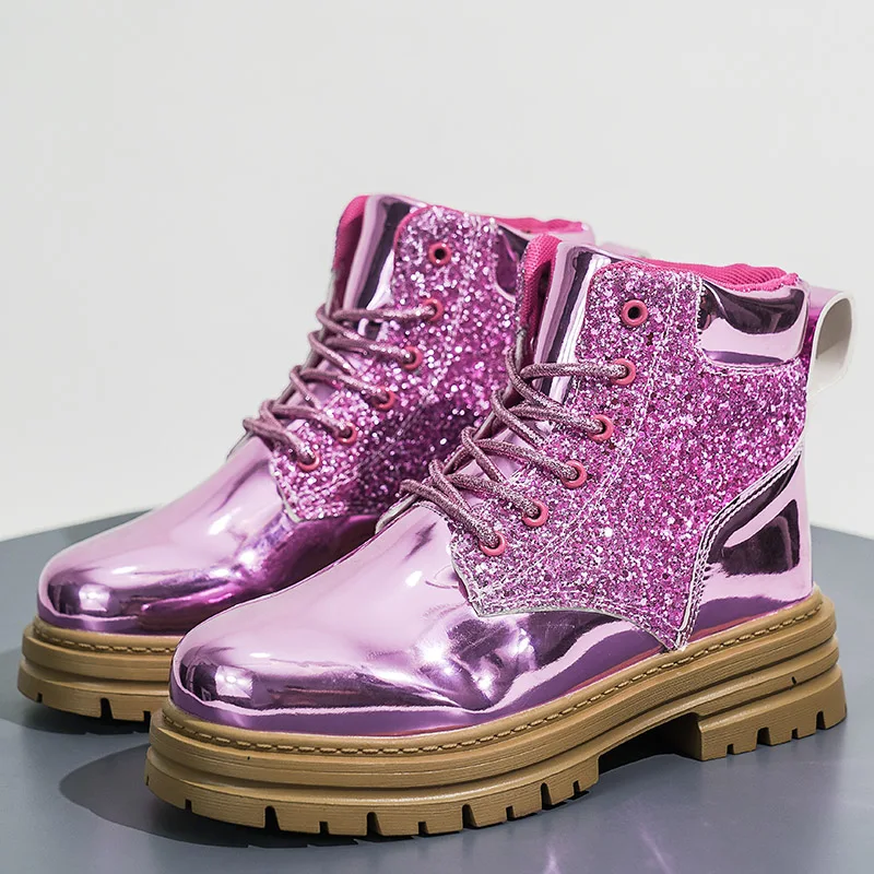 

New Design Purple Women's Shiny Boots Pu Leather Ankle Boots For Women Lace-Up Platform Boots Women Fashion Boots bota feminina