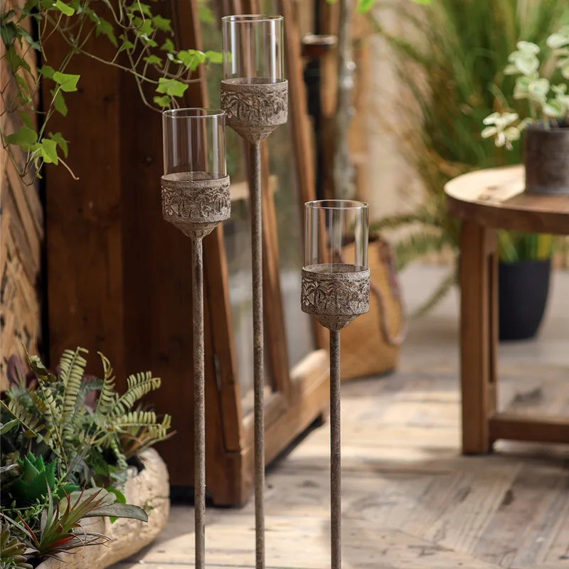 Retro American long foot floor design candlestick iron windproof atmosphere props make old style home jewelry ornaments