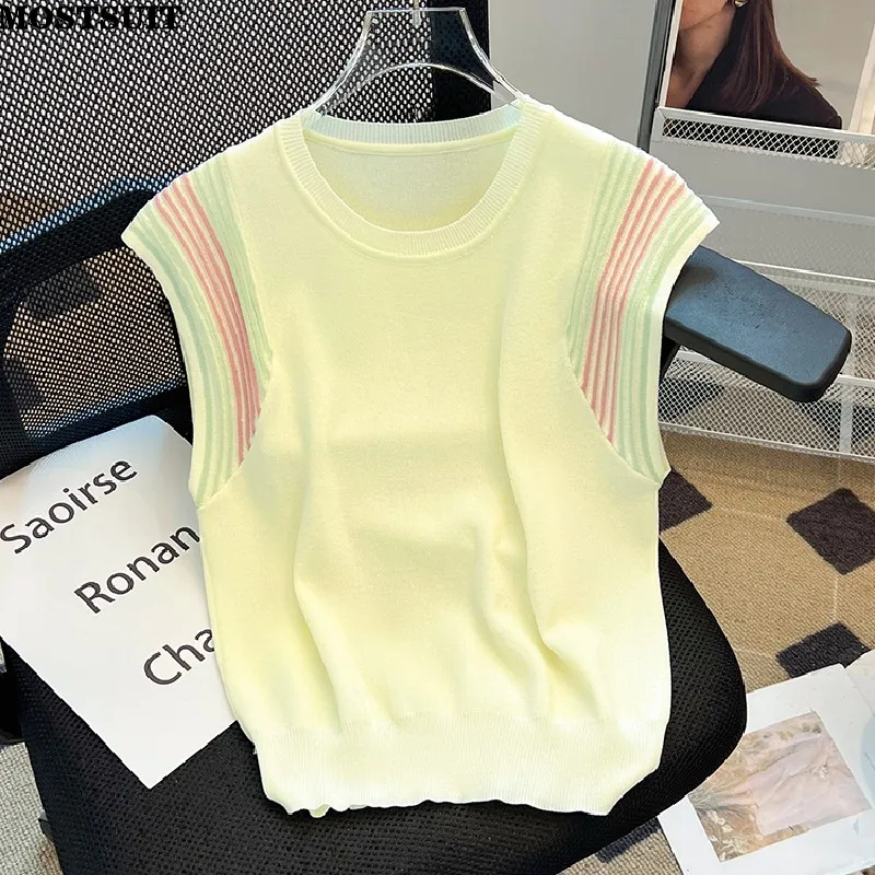 Women\'s Sweater Vests Summer Stylish Chic Fashion Ladies Knitwear Tops Tees Sleeveless O-neck Striped Knit Jumpers Y2k Tops 2024