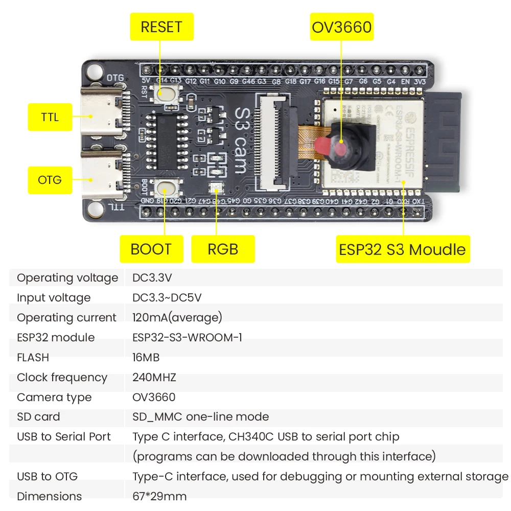 Kidsbits ESP32-S3-WROOM N16R8 CAM Wireless Board Dual-core 32-bit 240 MHz  LX7 Microcontroller for Arduino OV3660 Camera