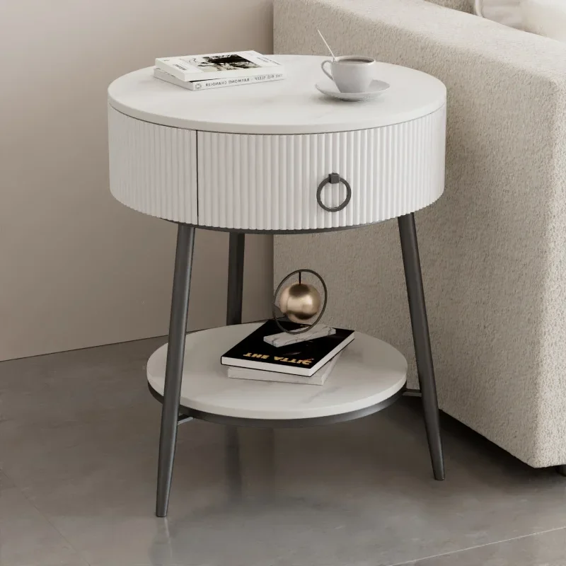 

Modern Light Luxury round Stone Plate Drawer Small Coffee Table Creative Living Room Sofa Table Bedside Storage Side Cabinet