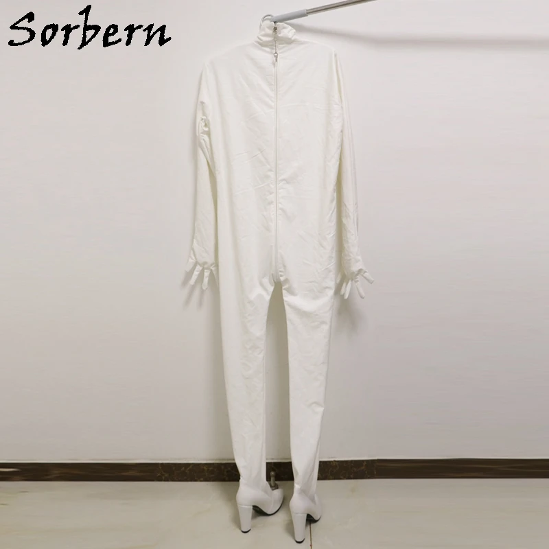 Sorbern White Matte Streched Body Suit Unisex Block High Heel Pointed Toe Long Sleeves With Fingers Lockable Zippers Custom