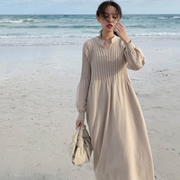 Unique Best Quality  Autumn Winter Retro French Girl Chic Knitting V-Neck Long Sleeve Basic Dress Mori Girl