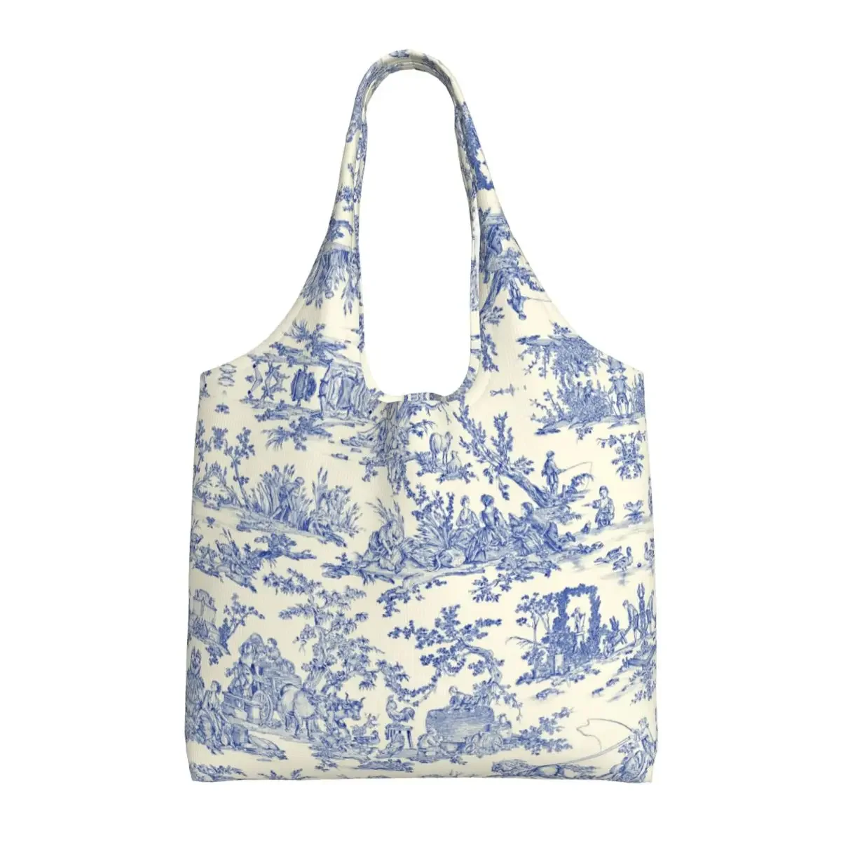 

Custom Traditional French Toile De Jouy Motif Pattern Shopping Bag Women Shoulder Canvas Tote Bag Washable Grocery Shopper Bags