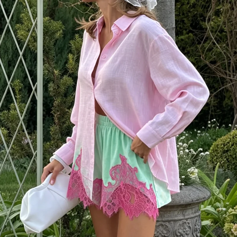 High Street Mint Green Velvet Shorts With Patchwork Lace Trim Paneled Elastic Waist Trousers Women Chic Edgy 2026 Summer Outfits