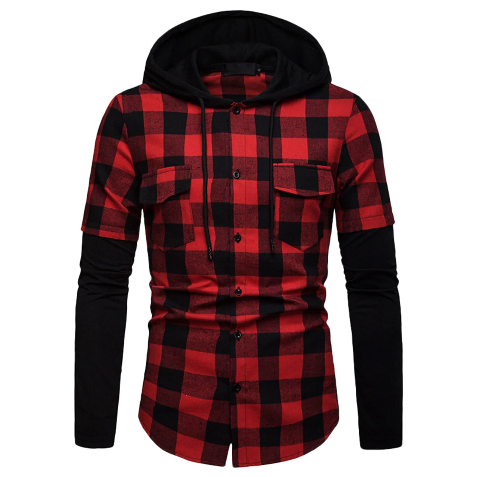 Men\'s Fashion Plaid Hooded Shirt Spring Autumn Casual Slim Fit Pockets Long Sleeve Top Lumberjack Check Shirt Jacket Clothes