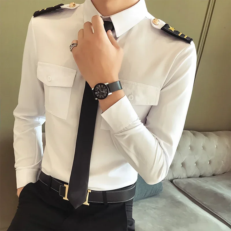 Captain Navy Costume Air Force White Shirt Male Nightclub Aviation Airline Pilot Flight Attendant Uniform For Officer Shirts