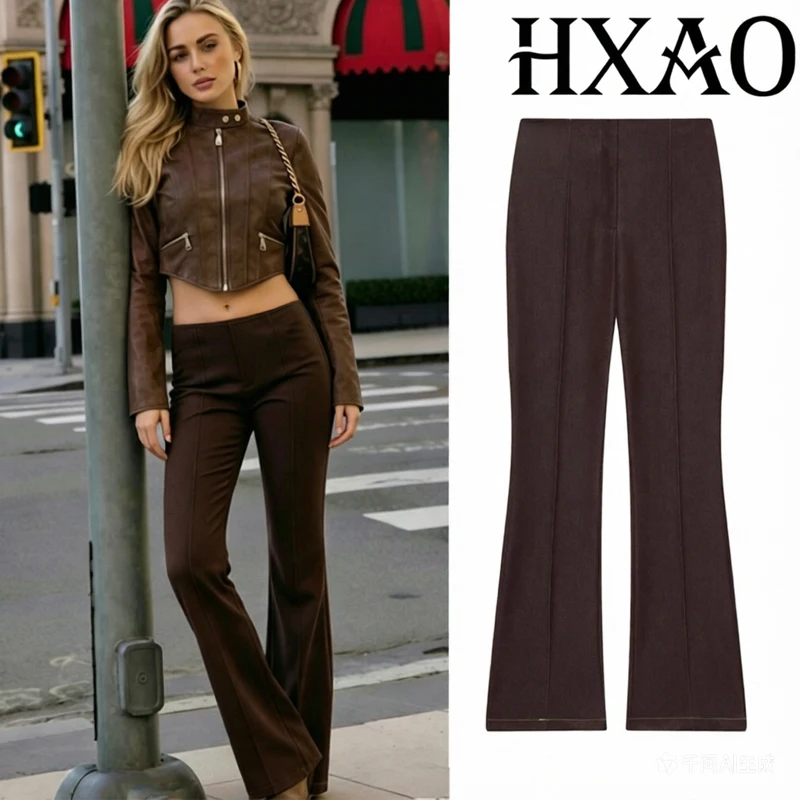 

HXAO Woman Flared Jeans Pants Summer Pleats Women's High-Waisted Long Trousers Streetwear Commuter Casual Brown Pant Sets