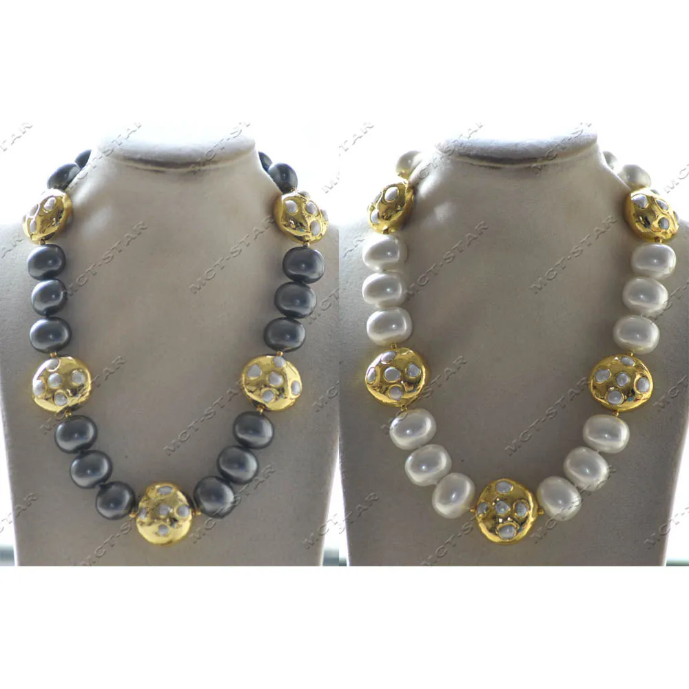 

MTC·STAR Z12952 18" 28mm White Black Egg South Sea Shell Pearl Gold Plating Bead Necklace