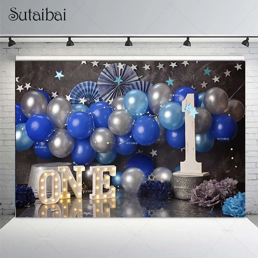 

Photography Background Blue Balloon Glitter Stars Paper Flower Boy 1st Birthday Cake Crush Decoration Baby Shower Background