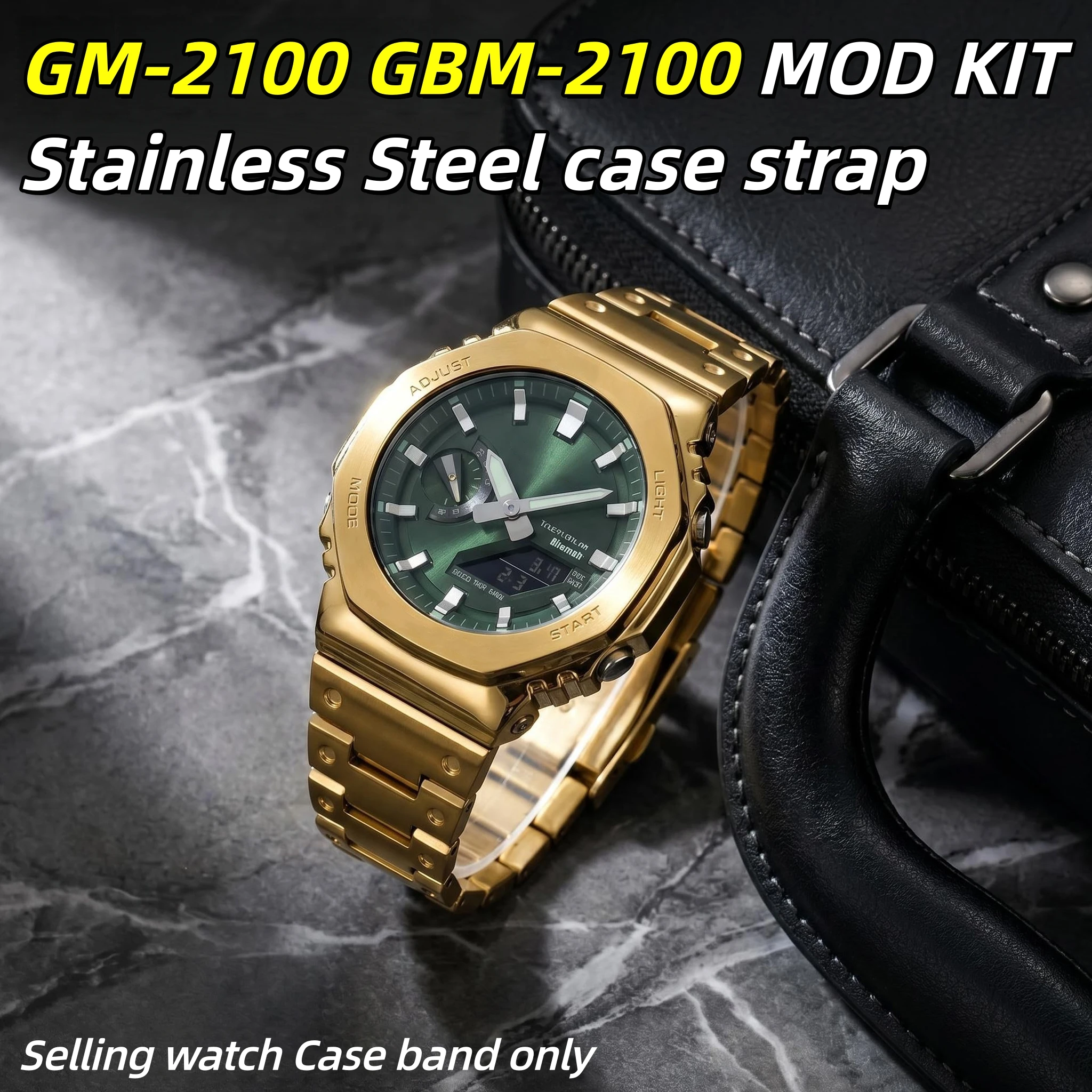 Комплект для модификации Casioak GM-2100 GBM-2100: корпус и ремешок из цельной нержавеющей стали, модифицированный металлический безель, сменные аксессуары.