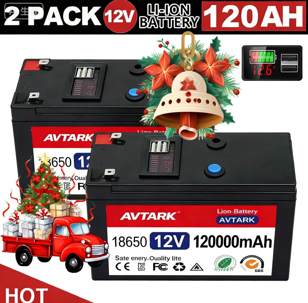 

12V Lithium Battery 120Ah LiFePO4 4000+ Deep Cycles Built-in BMS,10-Year Lifetime,for UPS, Kayak Fish Finder, Solar Panel,Radio