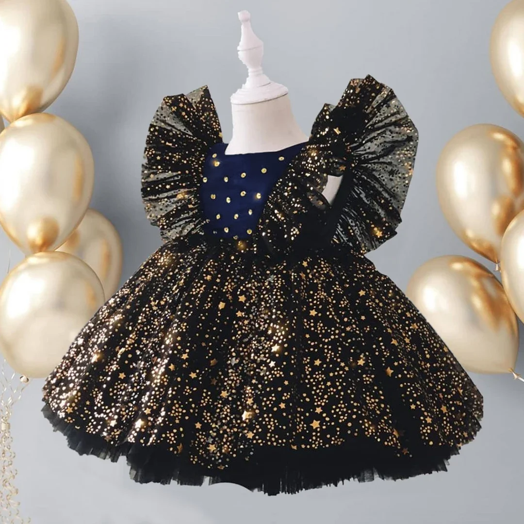 Cute Baby Girls Clothing Flower Ruffles Sequins Star Dress for Girls Brithday Party Tutu Gown Elegant Children Ceremony Costumes