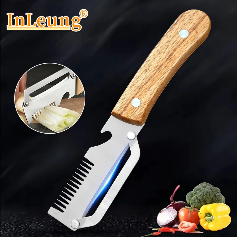 Éplucheur de légumes en acier inoxydable avec manche en bois, éplucheur de fruits et de pommes de terre 3-en-1 avec ouvre-bouteille, outils de cuisine pour éplucher et cuisiner