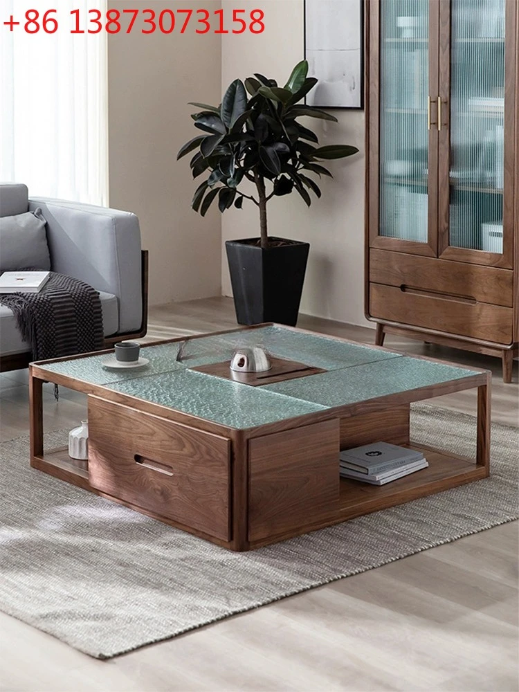 Nordic black walnut all-solid wood coffee table glass surface, modern simplicity, drawer storage household coffee table