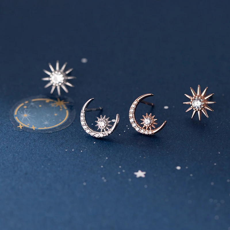 Modian 2021 Authentic 925 Sterling Silver Rose Gold Color Moon And Sun Stud Earrings for Women Jewelry Ear Pins Gifts Bijoux