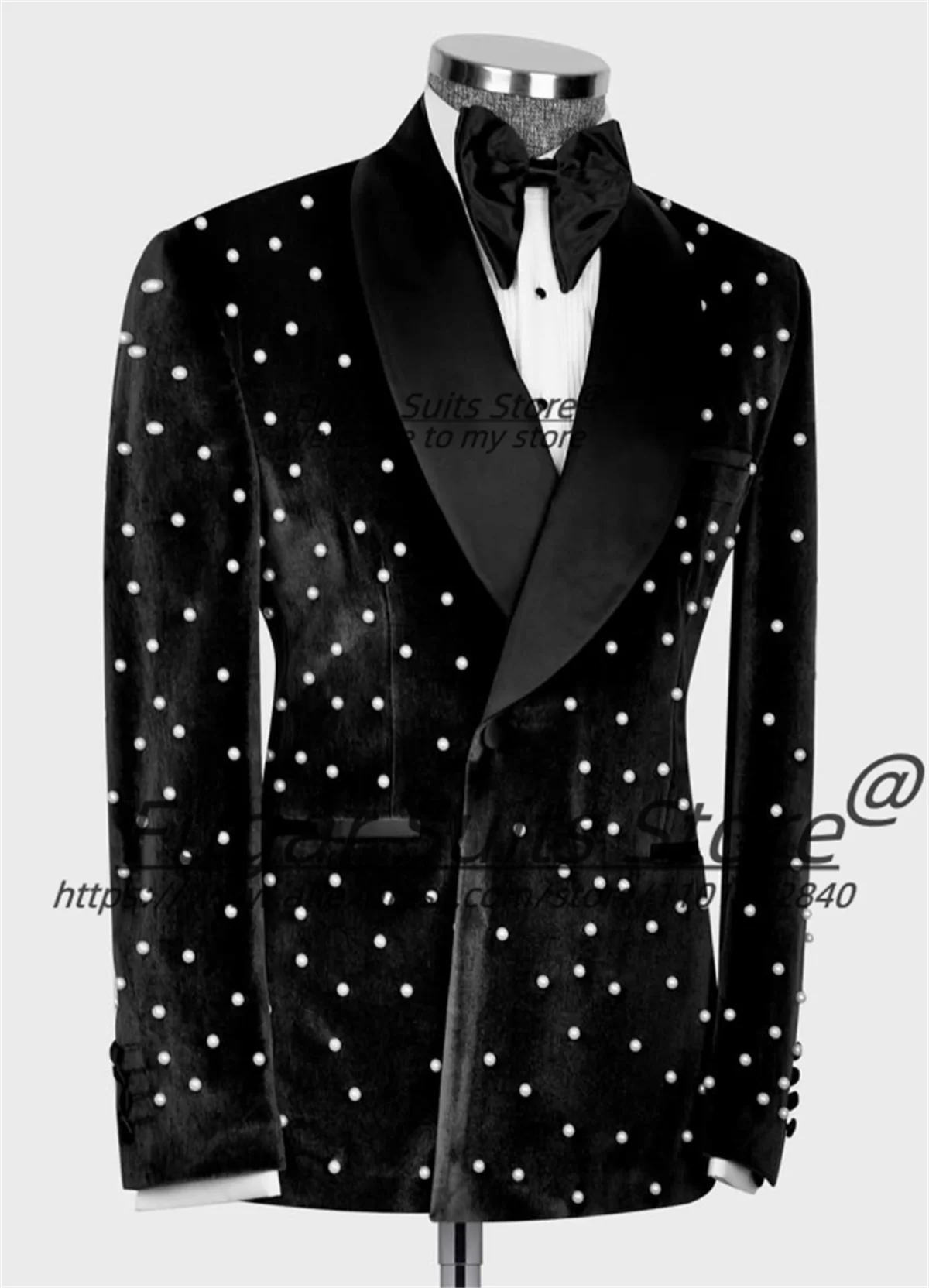 Luxuly Black Velvet Men Suits Gorgeous pearl jewelry Groom Wedding Tuxedos 2 Pieces Sets Male Prom Blazers Elegant Costume Homme