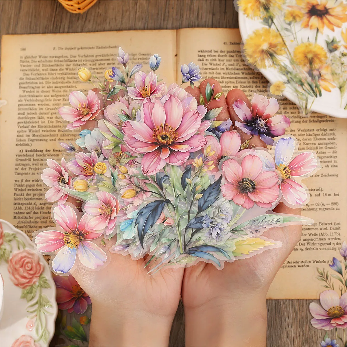 Adhesivo floral transparente de 2 piezas, hecho de material PET impermeable, adecuado para decorar papelería, diarios, álbumes de recortes, etc.