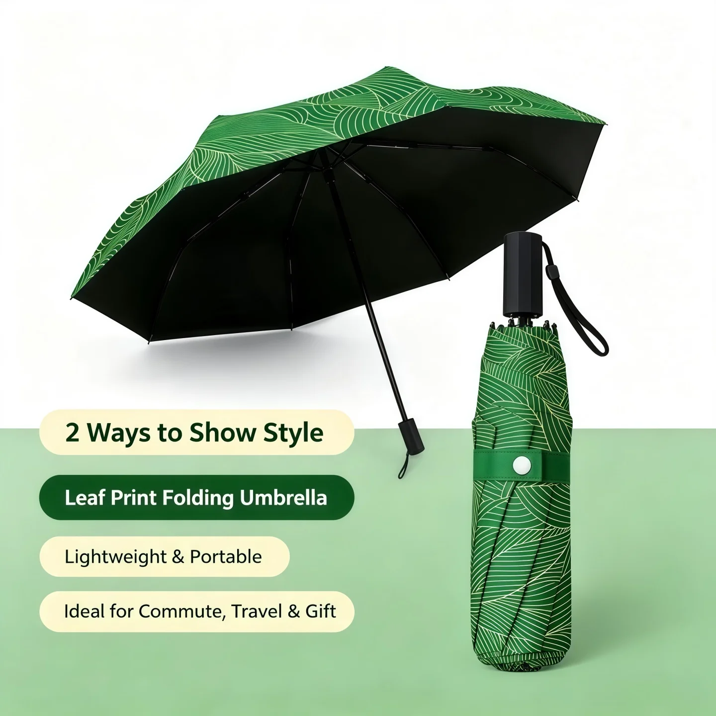 Green Leaf Folding Umbrella UV Protection Windproof Portable St Patricks Day Gift Sun Rain Parasol for Party Outdoor Travel