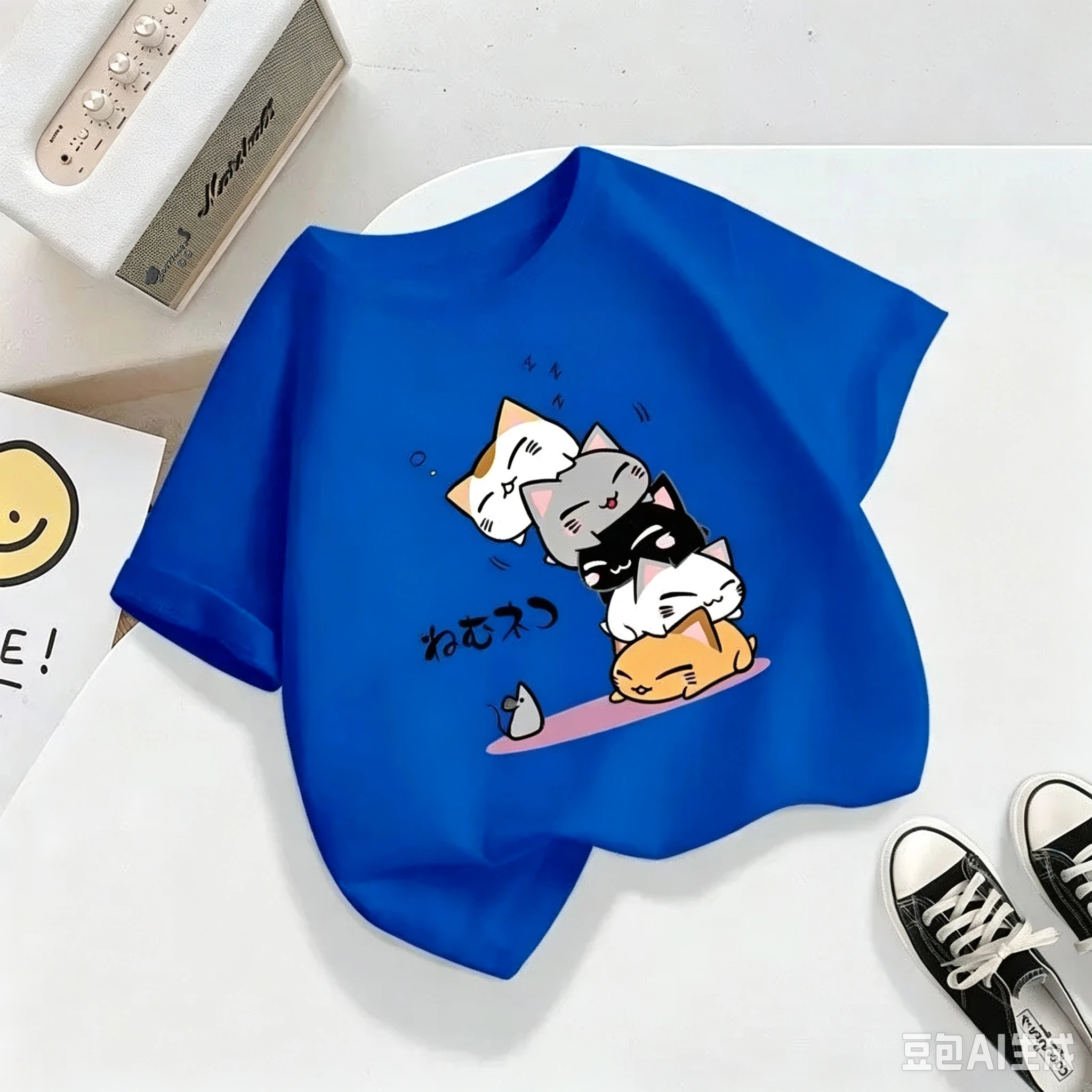 Korean-style trendy cute cat-pattern cotton T-shirt, retro niche fashion, breathable and skin-friendly round-neck top