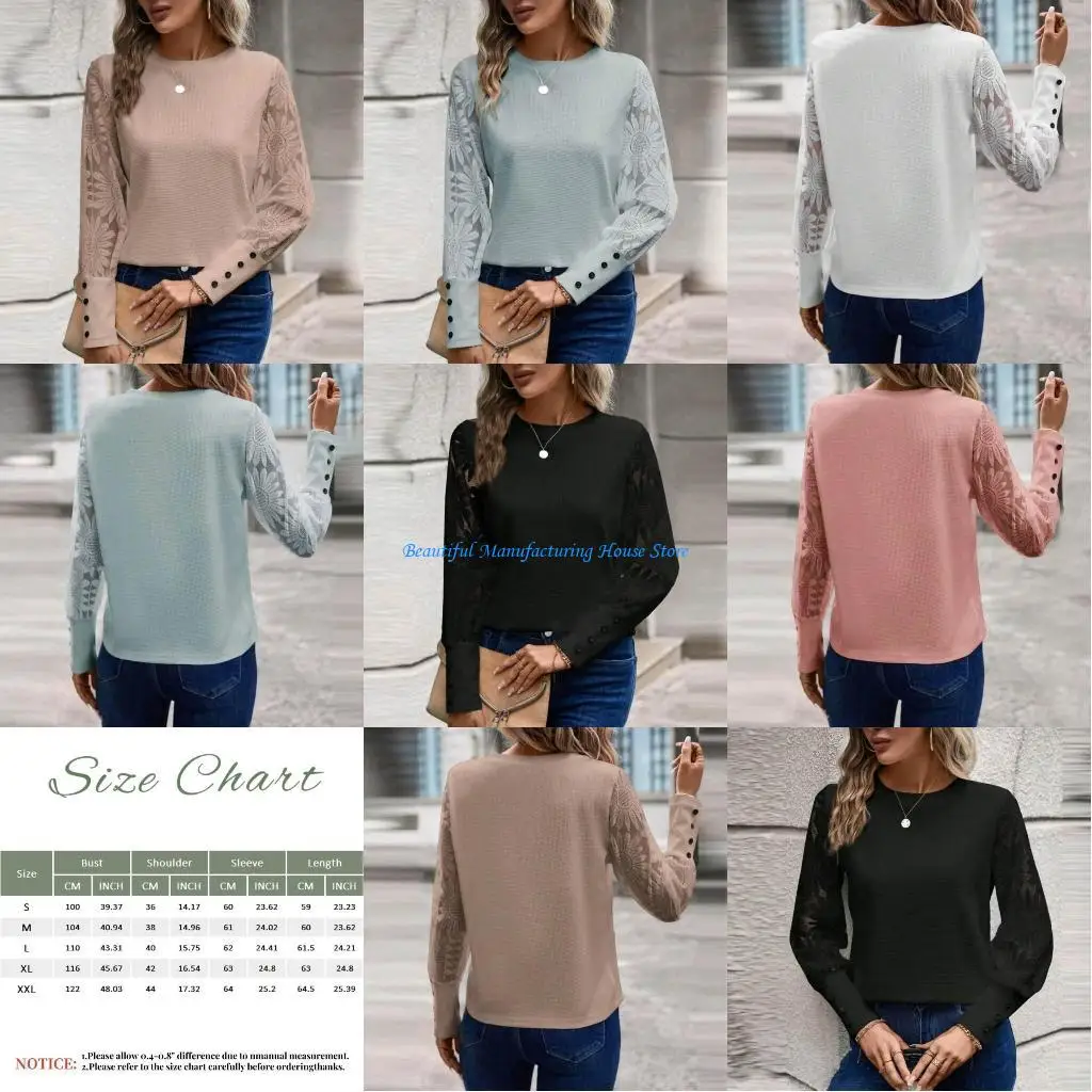 

E56A Knit Tops for Women Lace Mesh Long Sleeve Sweater Crewneck Pullover Shirt Lightweight Blouse