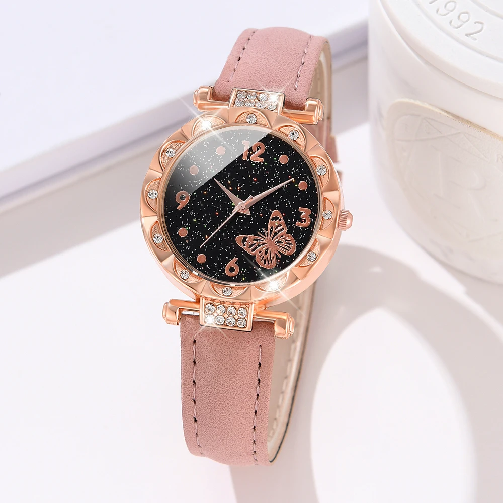 6 PCS/Set For Women\'s Elegant Butterfly Quartz Wristwatch PU Leather Watch And Pearl Jewelry Set As A Gift For Girls