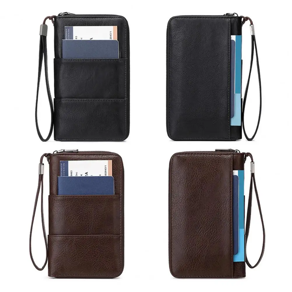 Faux Leather Wallet Rfid Blocking Wallet with Zipper Travel Document Holder Passport Organizer Card Holder with Wrist for Men