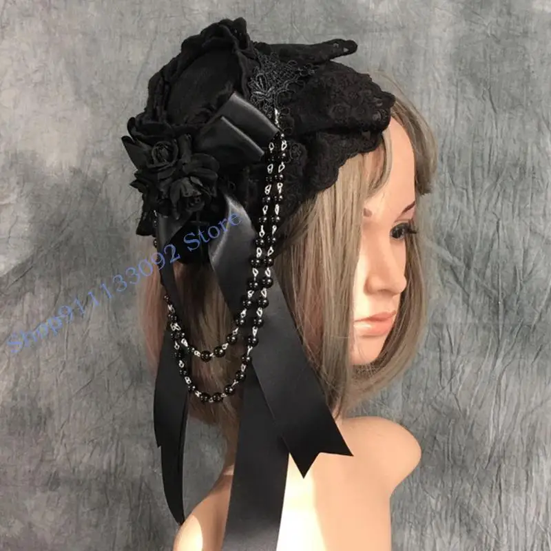 

H9ED Girls Gothic Headdress Lace Top Hat Ribbon Bows Flower Bowknot Headwear Vintage Royal Halloween Headpiece