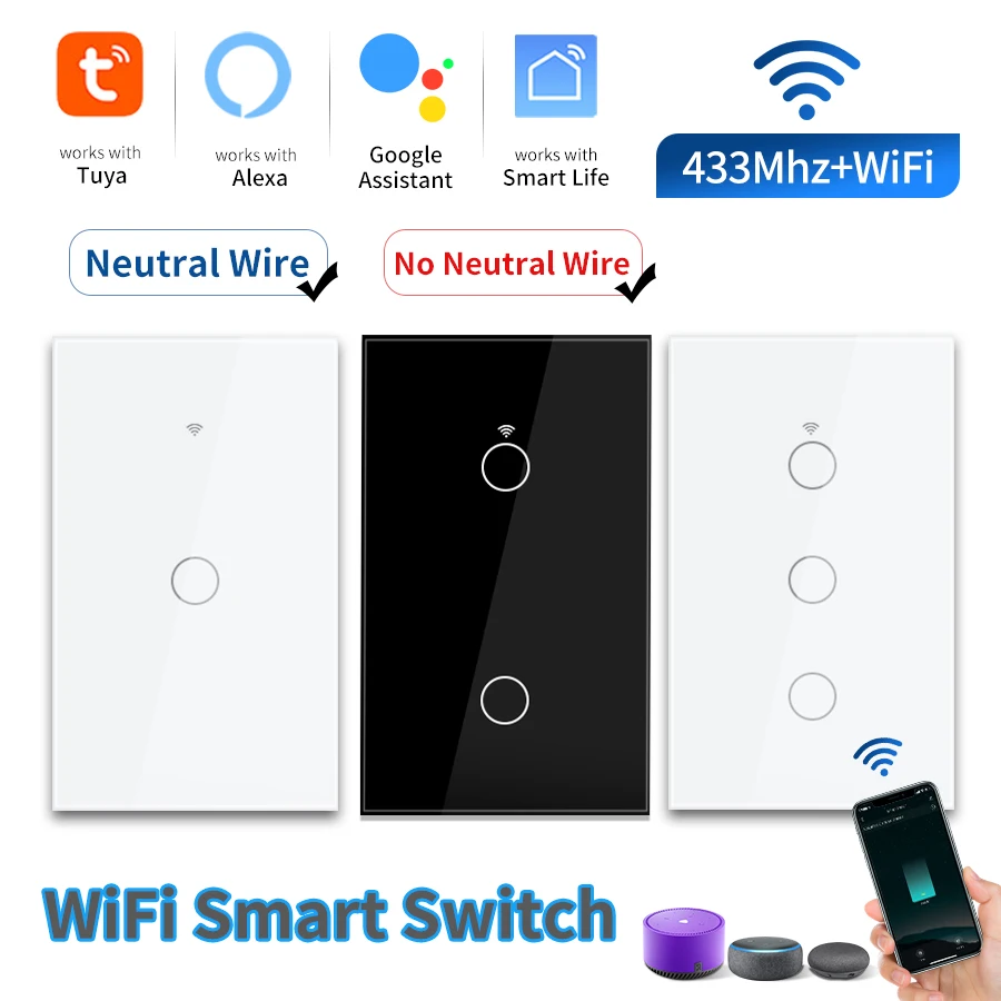 

Tuya WiFi Smart Light Switch RF433 US Wall Touch Switch With Or No Neutral Wire Smart Life App Control Alexa Google Home Alice