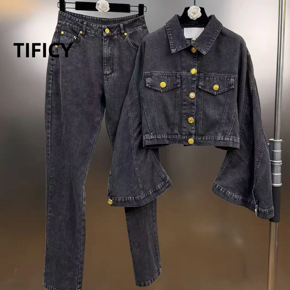 

High Street Pants Set Women's Spring New Collection Collar Horn Long Sleeve Cowboy Jacket Straight Metal Buckle Two Piece Set