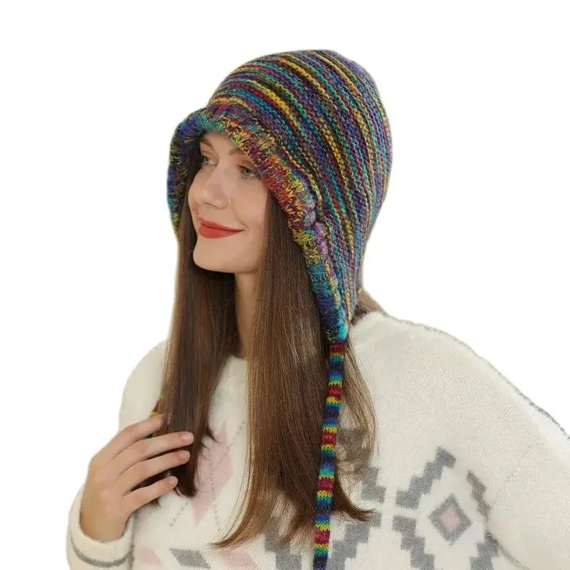 

Rainbow Gradual Change Knitted Hat Women's Winter Bag Head Hat Ethnic Style Warm Lei Feng Knitted Hat Pullover Hoody Hat Cap