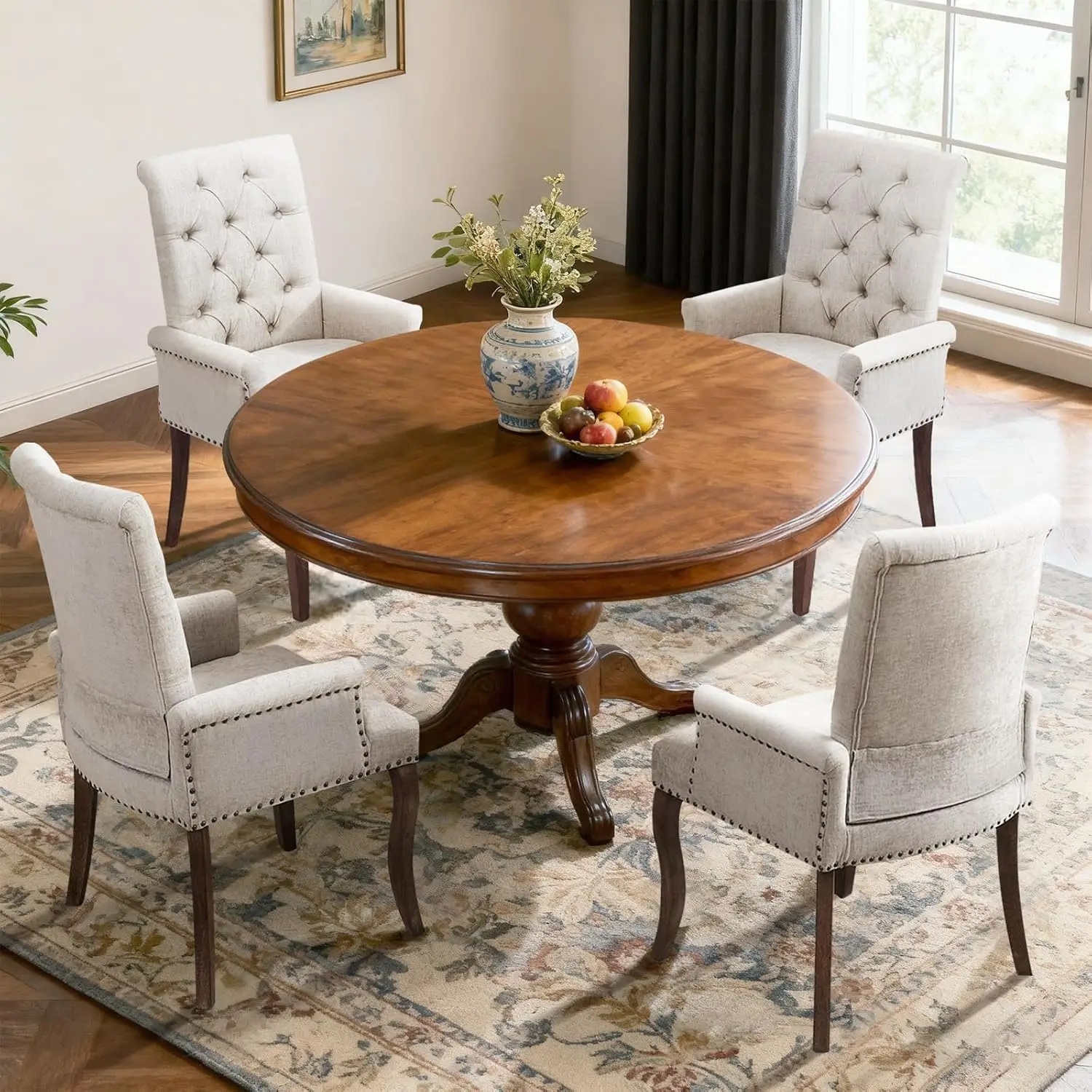 Chenille Dining Chair Set of 4, Tall Back Upholstered Tufted Side Chair with Armrest & Solid Wood Leg, Beige, Customized