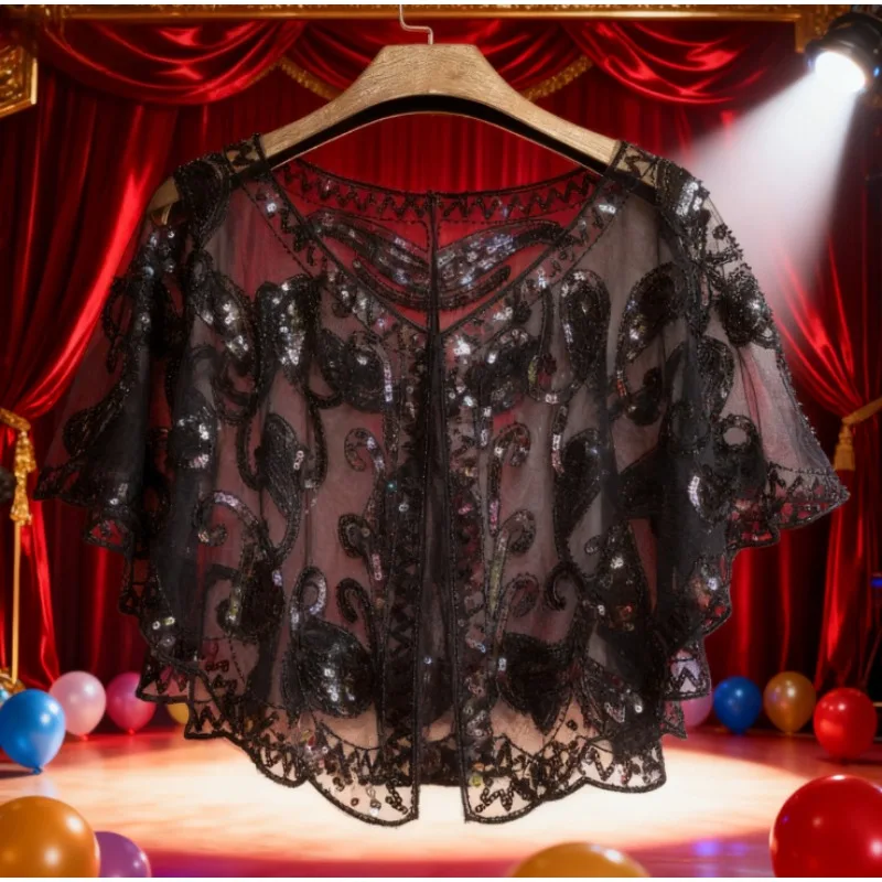 Accesorios de disfraces Chal brillante nupcial - Estola de lentejuelas Art Deco con detalles de perlas para fiestas temáticas vintage