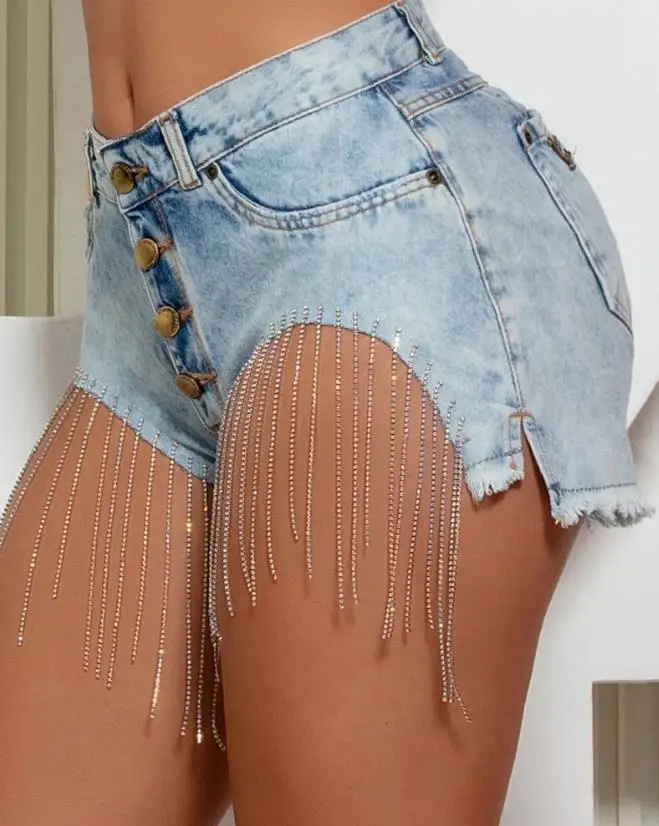 

Sexy Tassel Design Button Fly Raw Hem Denim Shorts 2024 Summer Fashion Women's Casual High Street Night Out Skinny Short Jeans