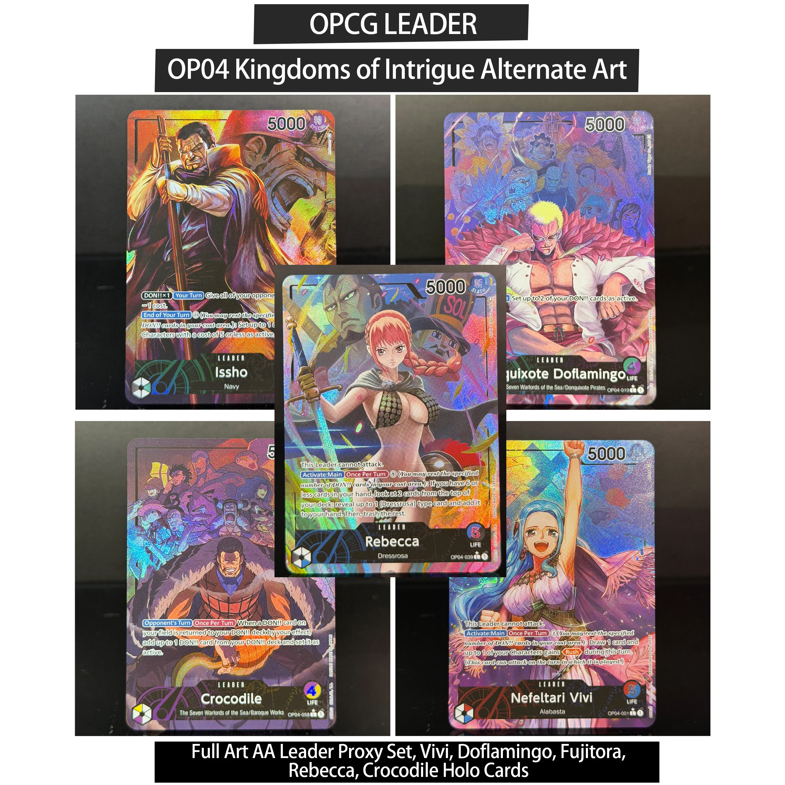 One Piece TCG OPCG Kingdoms of Intrigue OP04 LEADER Full Art AA 001 019 020 Proxy Holo Collection Cards Issho Vivi Crocodile