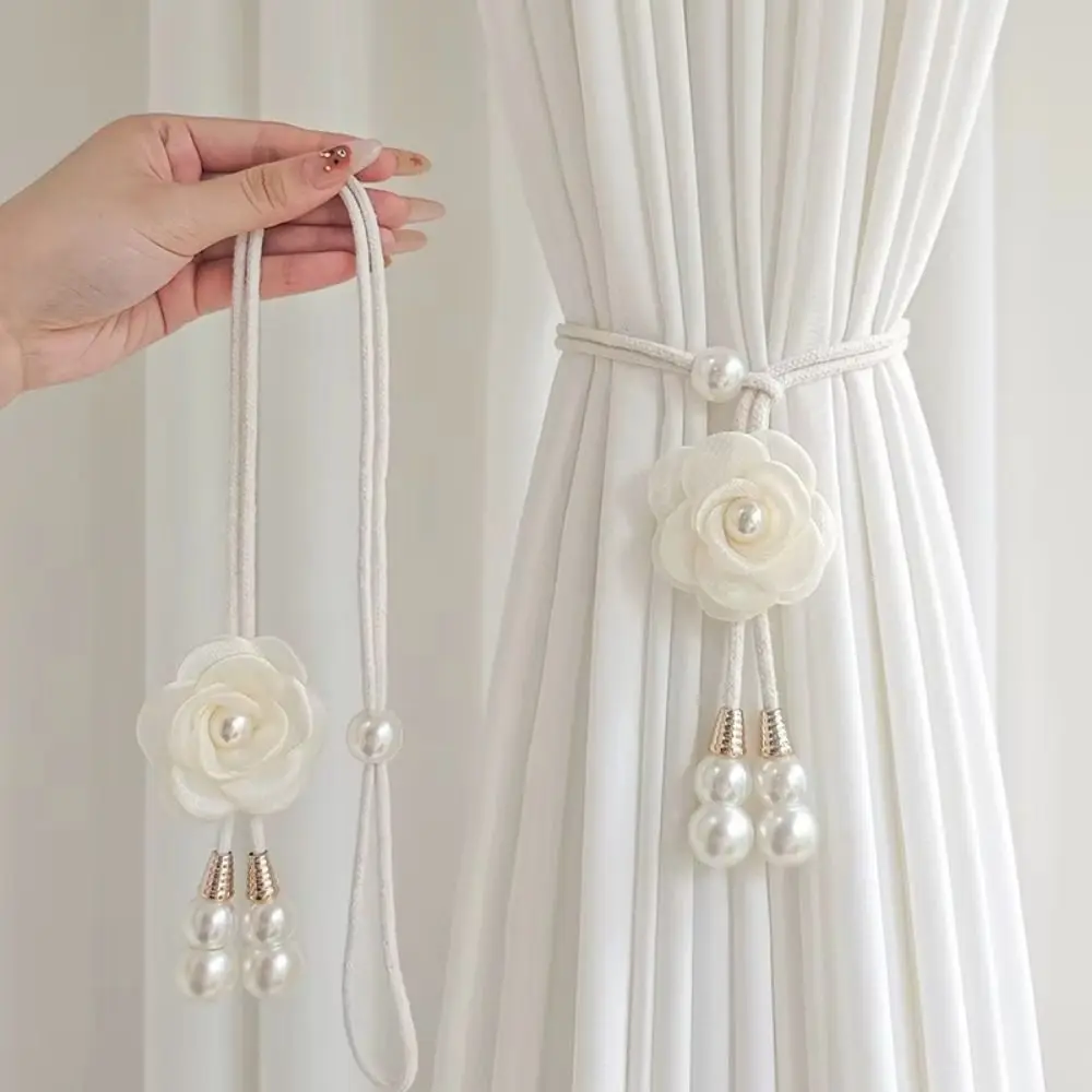 2Pcs Modern Floral Curtain Tiebacks Minimalist Adjustable Camellia Curtain Tiebacks Pearl Pendant Polyester Texture Curtain Ties