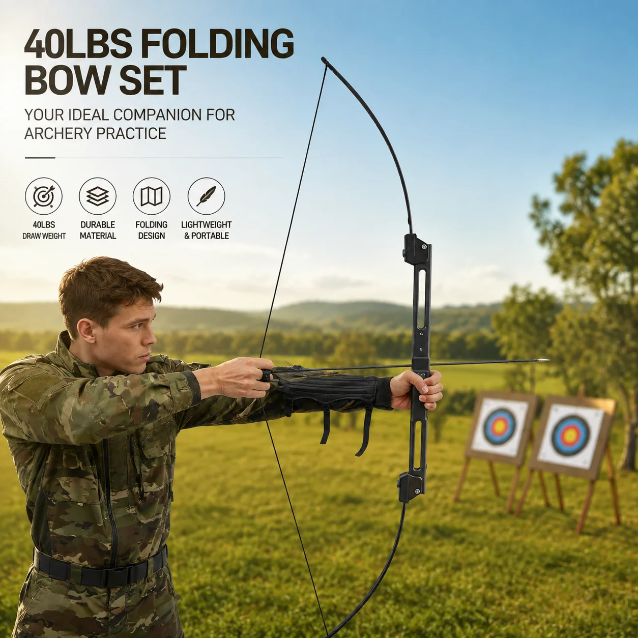 40LBS Black Folding Bow and Arrow Set Folding Bow Set with Storage Bag Aluminum Alloy Portable Right Hand 12 Fiberglass Arrows 5 Target Sheets Arm Guard Finger Tab Arrow Rest for Hunting Target Shooting Outdoor Training Practice