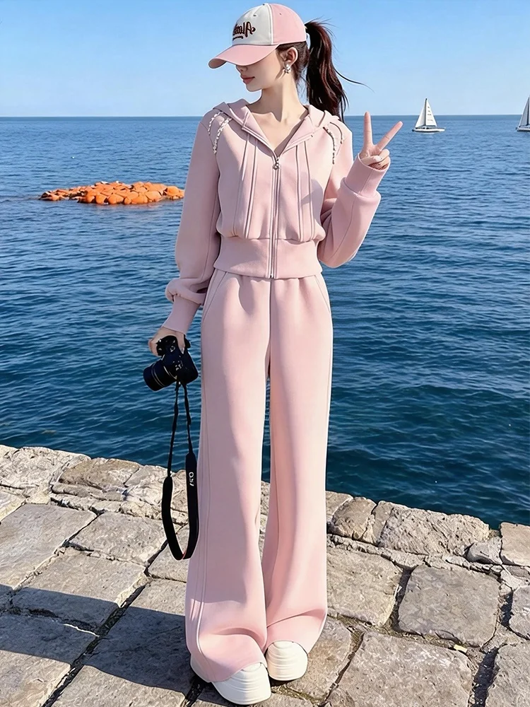 

Spring 2026 Salt Series Casual Sportswear Set Women's Fashionable Pink Short Jacket Top Wide Leg Pants Two-Piece Set