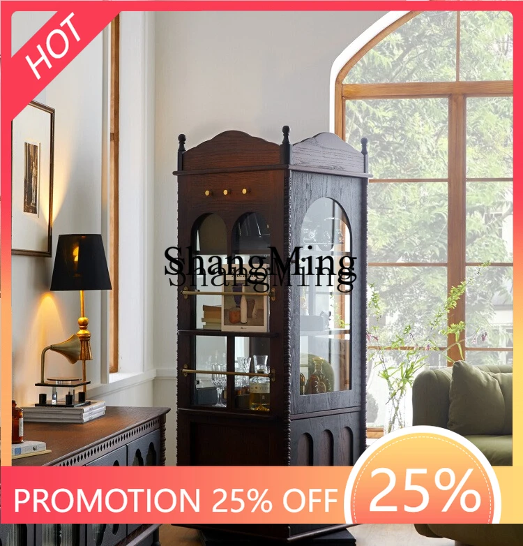 

Напольный вращающийся стеллаж SM из массива дерева в ретро-стиле со стеклянной дверцей, угловой шкаф для хранения журналов