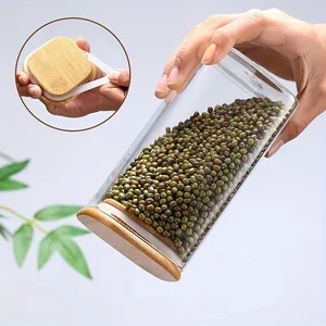 Glass bottles with hermetic lids, clear food storage containers, bamboo lids, 10oz, 1 pc, 2 pcs, 4 pcs, 8pcs 12 Main Sales Glass Bomboniere - №11